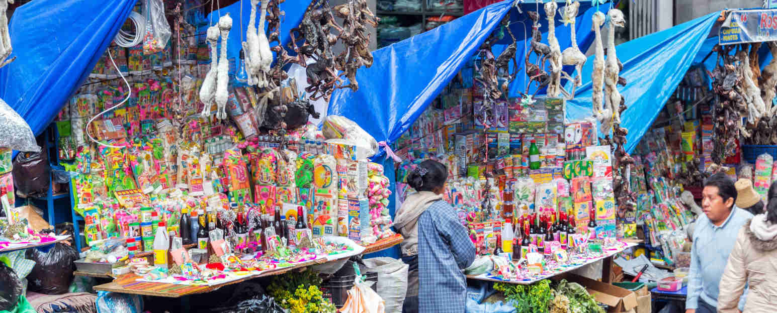 Shops at the Witches Market in La Paz, Bolivia